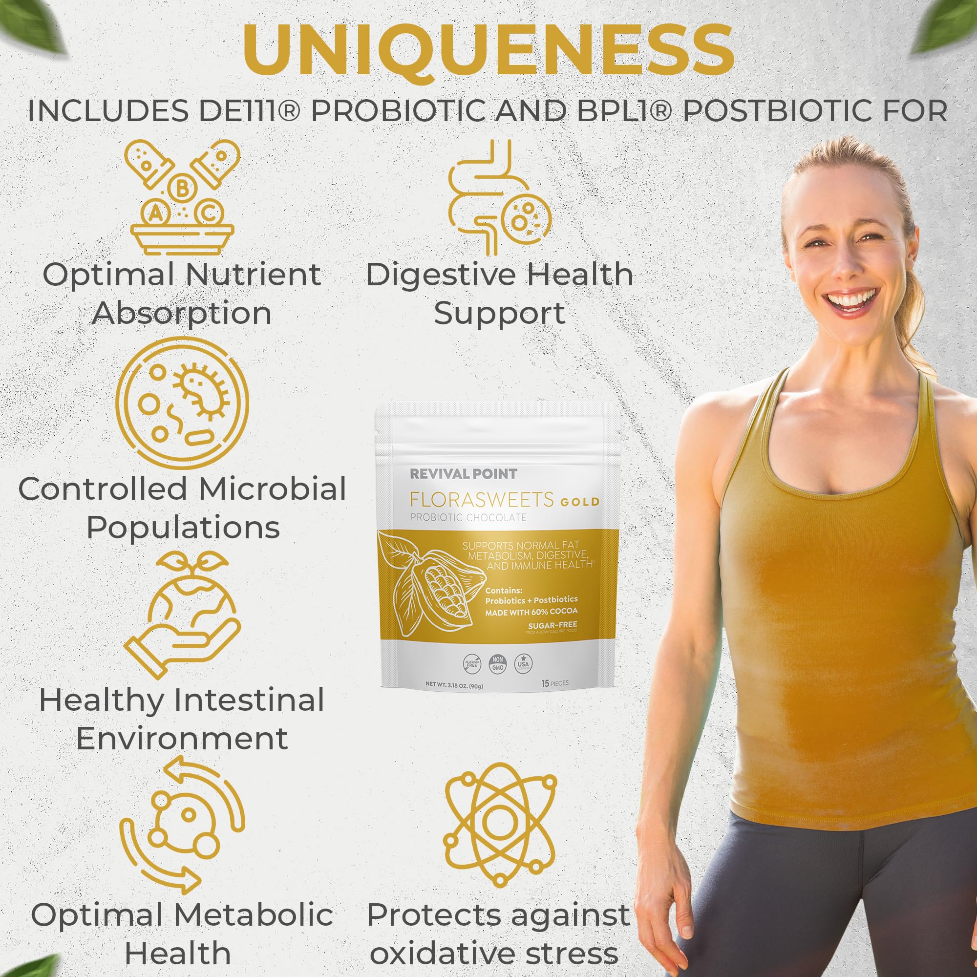 Revival Point Florasweets Gold Chocolate Bites with Probiotic + Postbiotic Stains DE111 & BPL1 - Indivally Wrapped - Supports Digestive & Gut Health Bacillus subtilis (1) Revival Point Au supplements