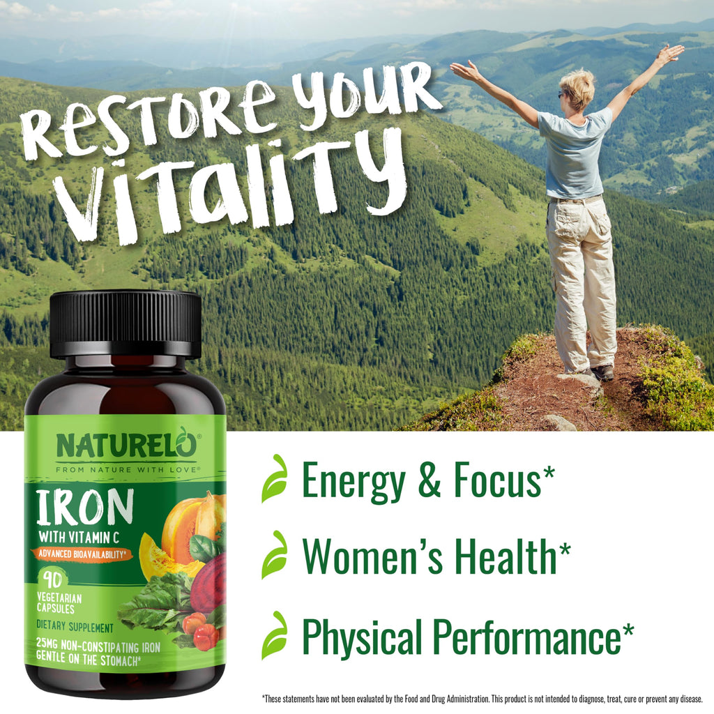 NATURELO Vegan Iron Supplement with Vitamin C and Organic Whole Foods - Gentle Iron Pills for Women & Men with Iron Deficiency Including Pregnancy