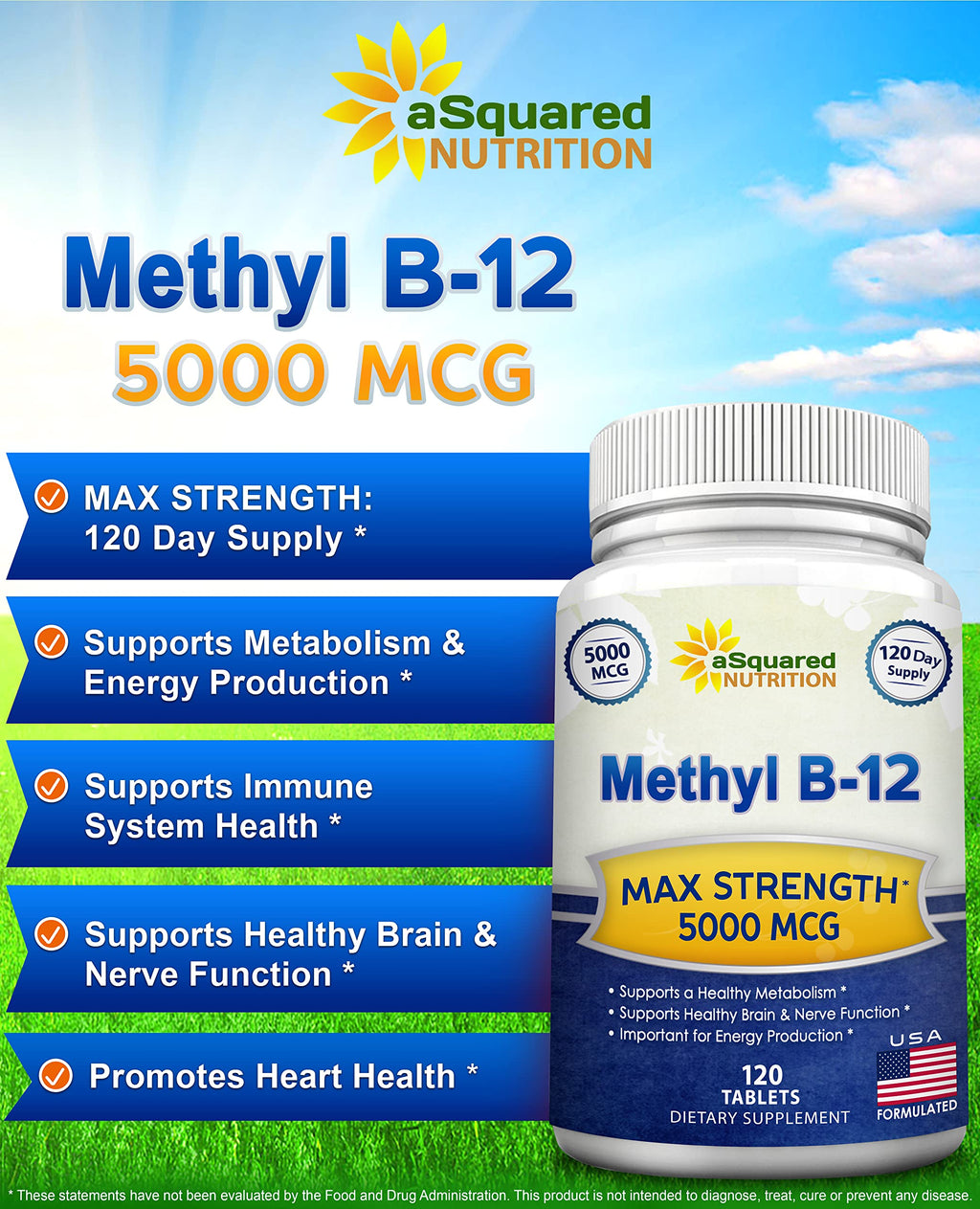 aSquared Nutrition Vitamin B12-5000 MCG Supplement with Methylcobalamin (Methyl B-12) - Max Strength Vitamin B 12 Support to Help Boost Natural Energy,