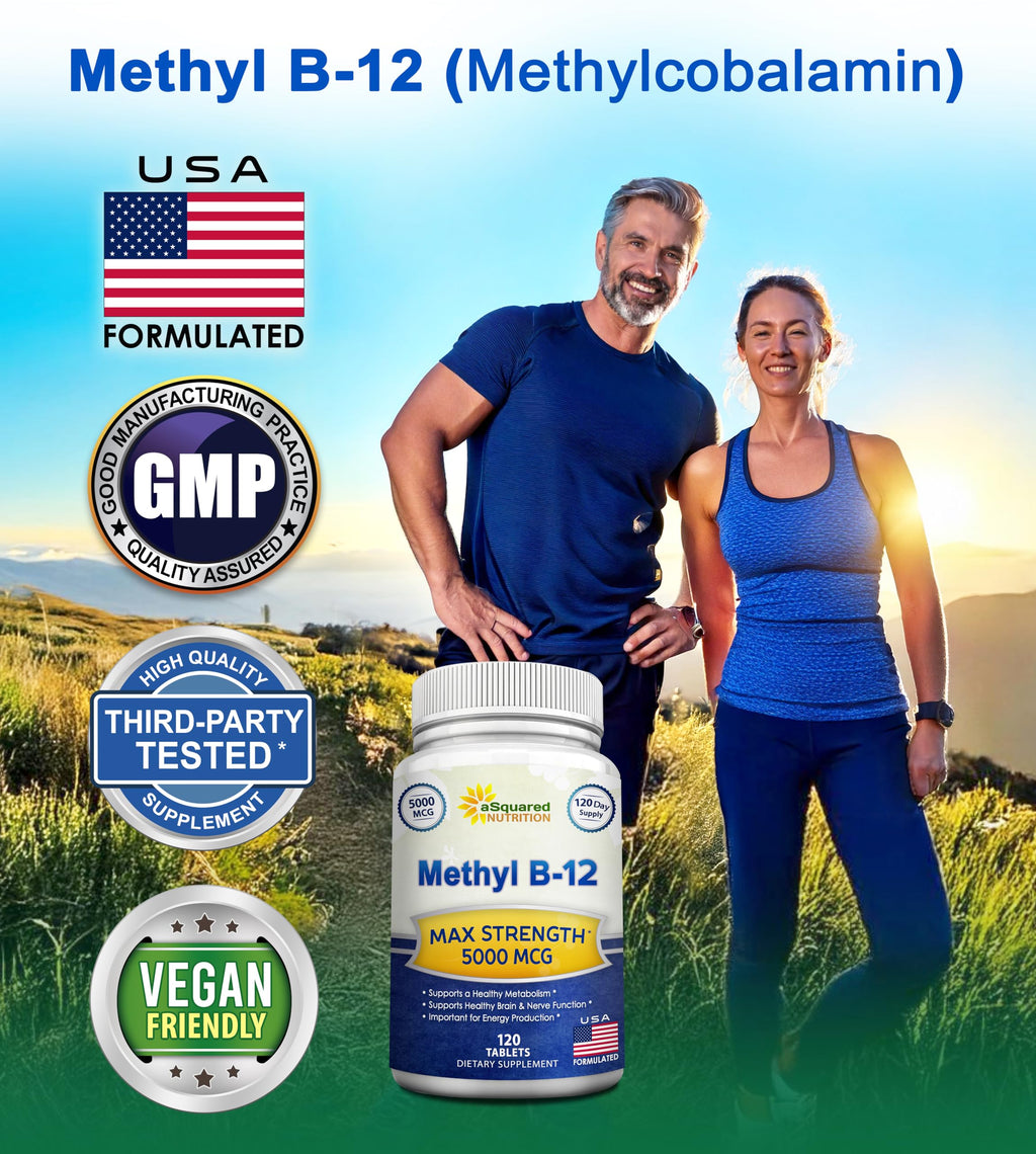 aSquared Nutrition Vitamin B12-5000 MCG Supplement with Methylcobalamin (Methyl B-12) - Max Strength Vitamin B 12 Support to Help Boost Natural Energy,