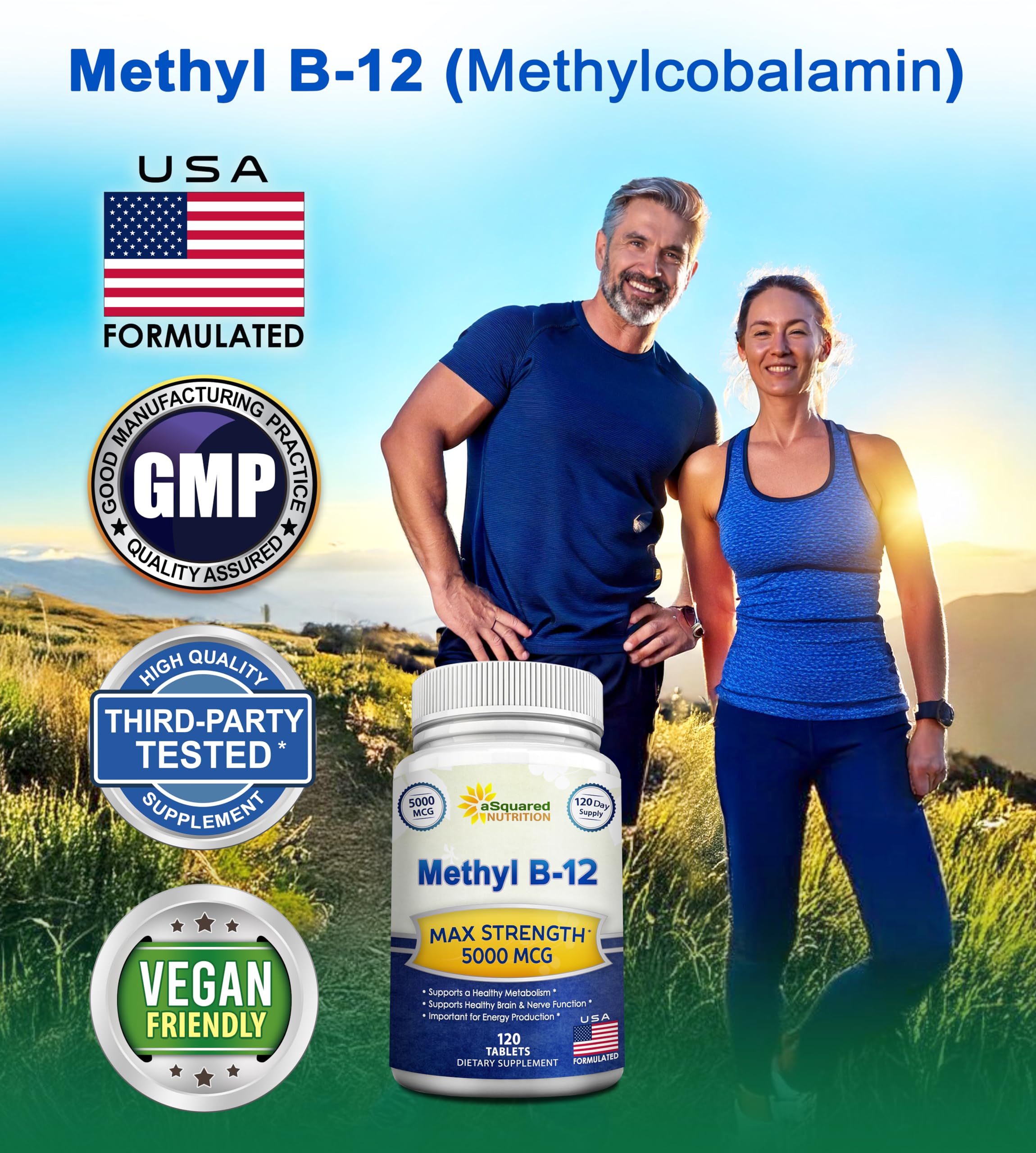 aSquared Nutrition Vitamin B12-5000 MCG Supplement with Methylcobalamin (Methyl B-12) - Max Strength Vitamin B 12 Support to Help Boost Natural Energy,