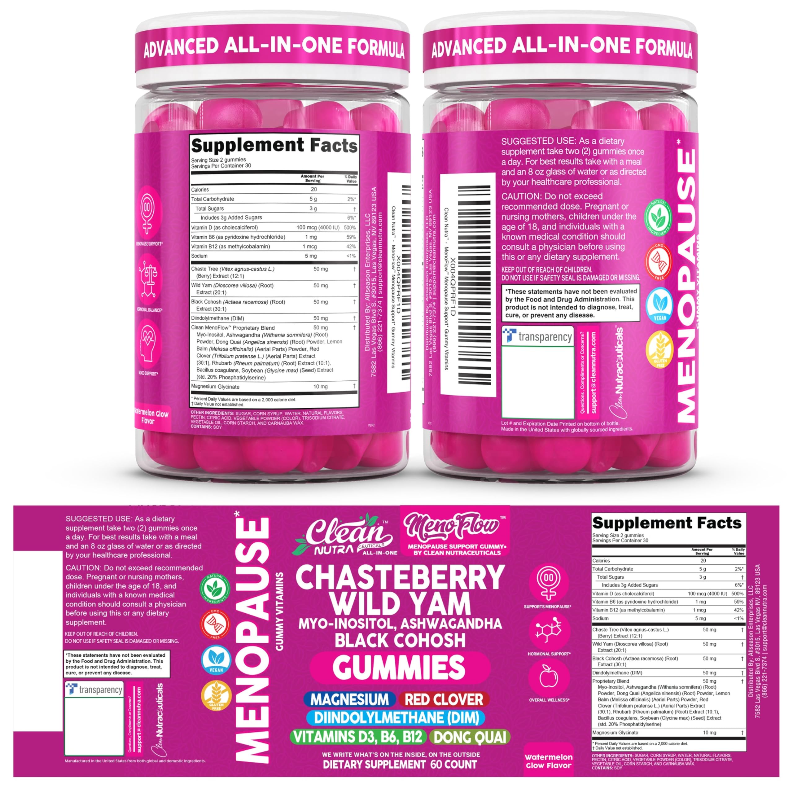 Clean Nutra Menopause Supplements for Women Chastberry Wild Yam Gummies Inositol Black Cohosh Magnesium Red Clover DIM Supplement B6 Magnesium Glycinate Glycine Vitex Hormone Balance Gummy Vitamins Clean Nutraceuticals Au supplements