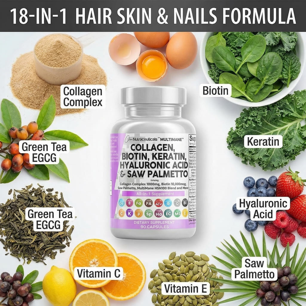 Clean Nutraceuticals Collagen Pills 1000mg Biotin 10000mcg Keratin Saw Palmetto Hyaluronic Acid - Hair Skin & Nails Vitamins & DHT Blocker with Vitamin E Folic Acid
