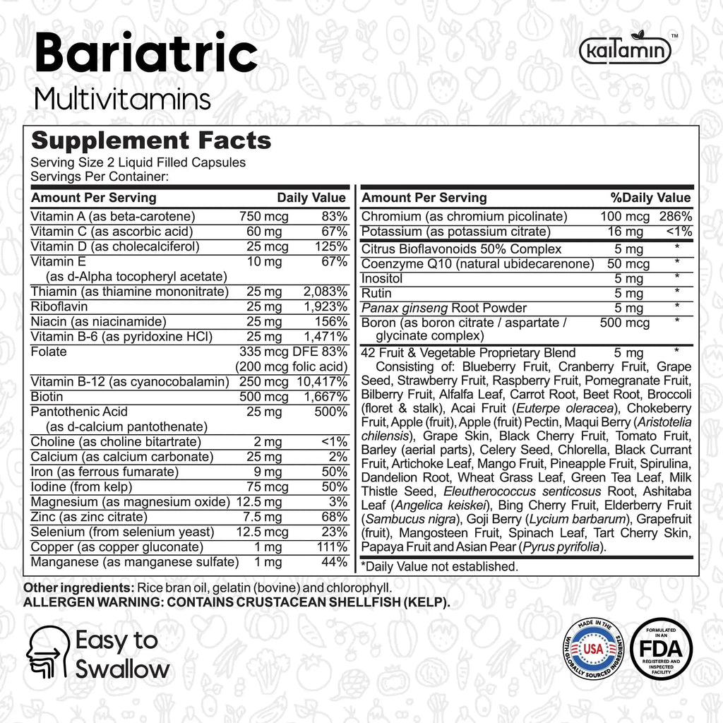 Bariatric Multivitamin with Iron - Easy-to-Swallow Capsule for Post Bariatric Surgery - Post Sleeve and Post Bypass Kaitamin Au supplements