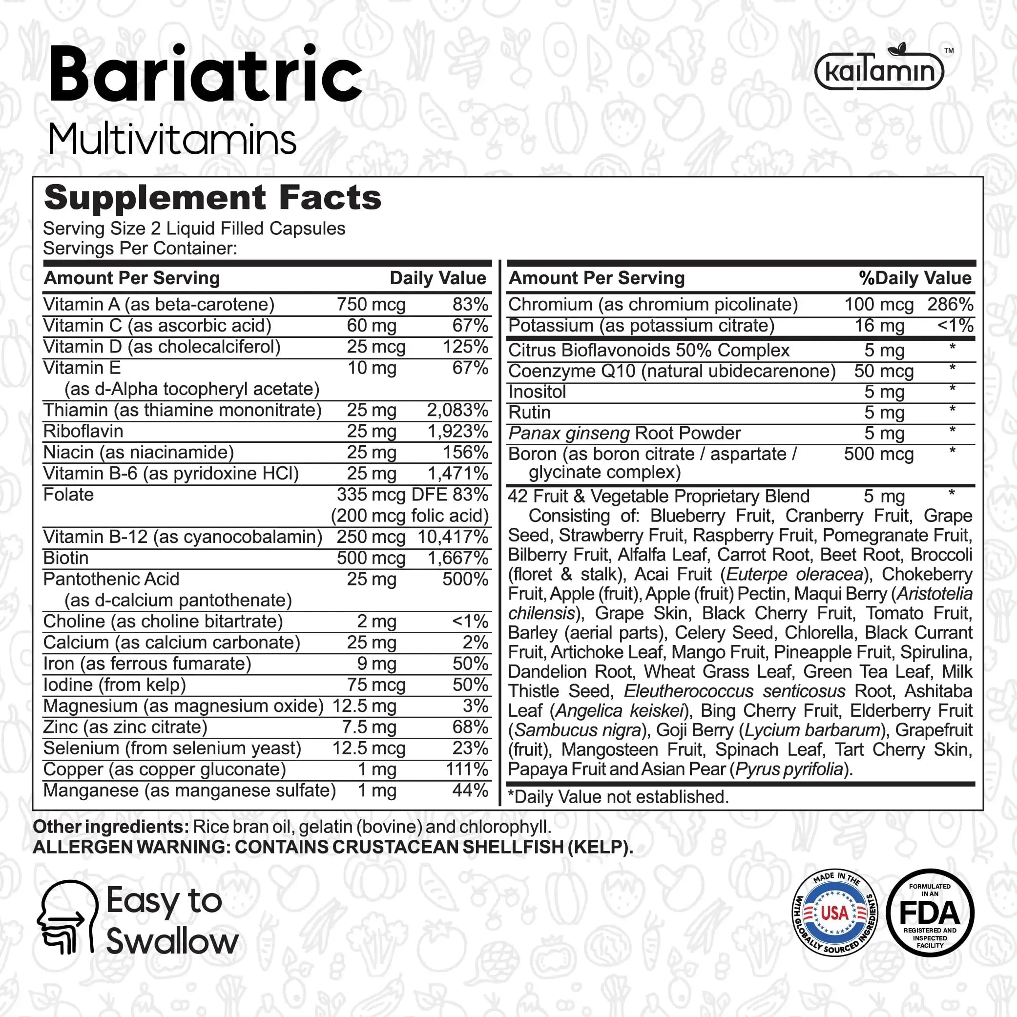 Bariatric Multivitamin with Iron - Easy-to-Swallow Capsule for Post Bariatric Surgery - Post Sleeve and Post Bypass Kaitamin Au supplements