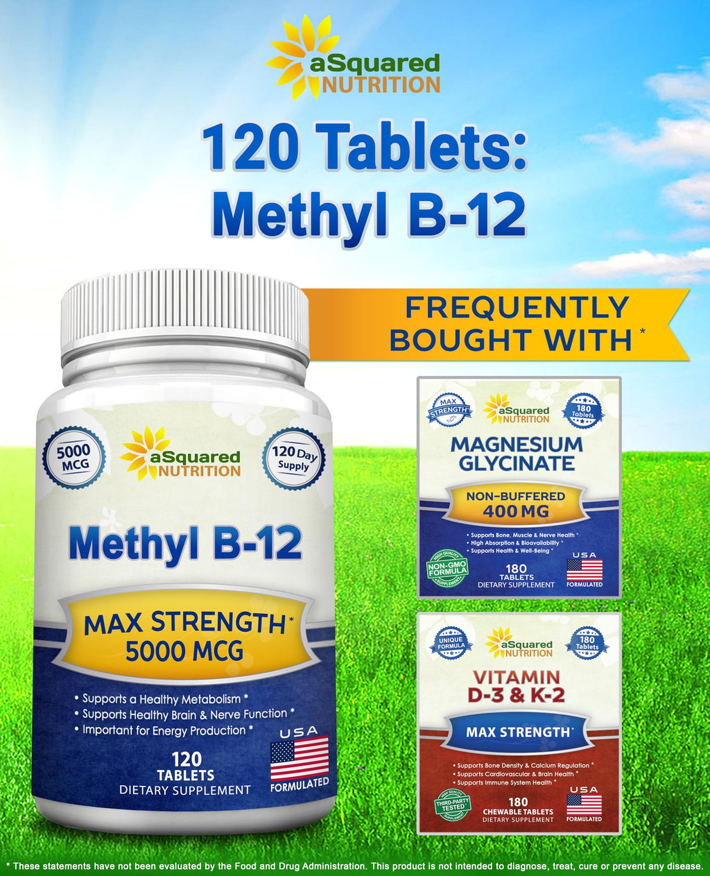 aSquared Nutrition Vitamin B12-5000 MCG Supplement with Methylcobalamin (Methyl B-12) - Max Strength Vitamin B 12 Support to Help Boost Natural Energy,
