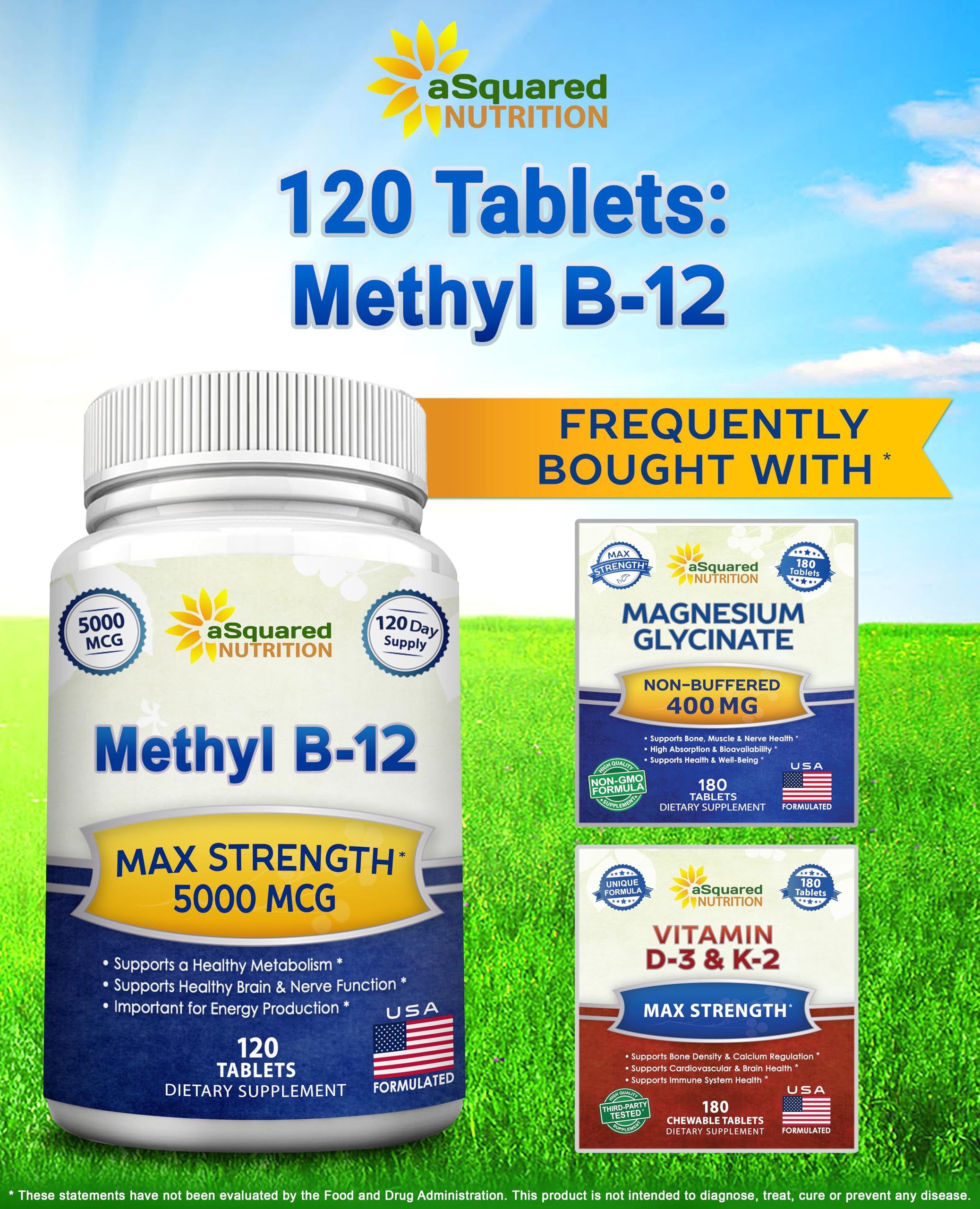 aSquared Nutrition Vitamin B12-5000 MCG Supplement with Methylcobalamin (Methyl B-12) - Max Strength Vitamin B 12 Support to Help Boost Natural Energy,