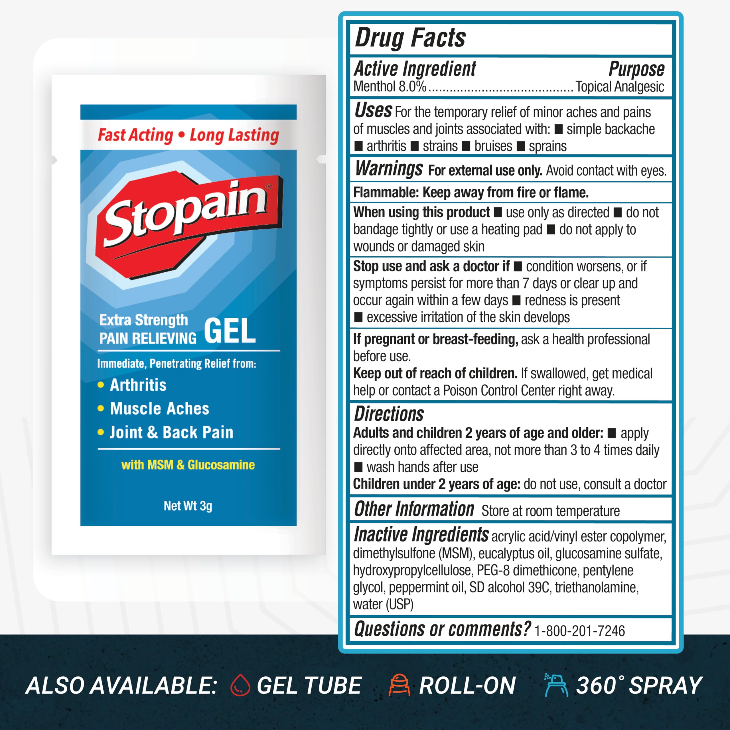 Stopain Pain Relief 3g Gel Packets, 100ct, 8% Menthol, Topical Pain Relief, Knee Pain Relief, Back Pain Relief, and Arthritis Pain Relief, Perfect for Workplace First Aid Cabinets, Made in USA Stopain Au supplements