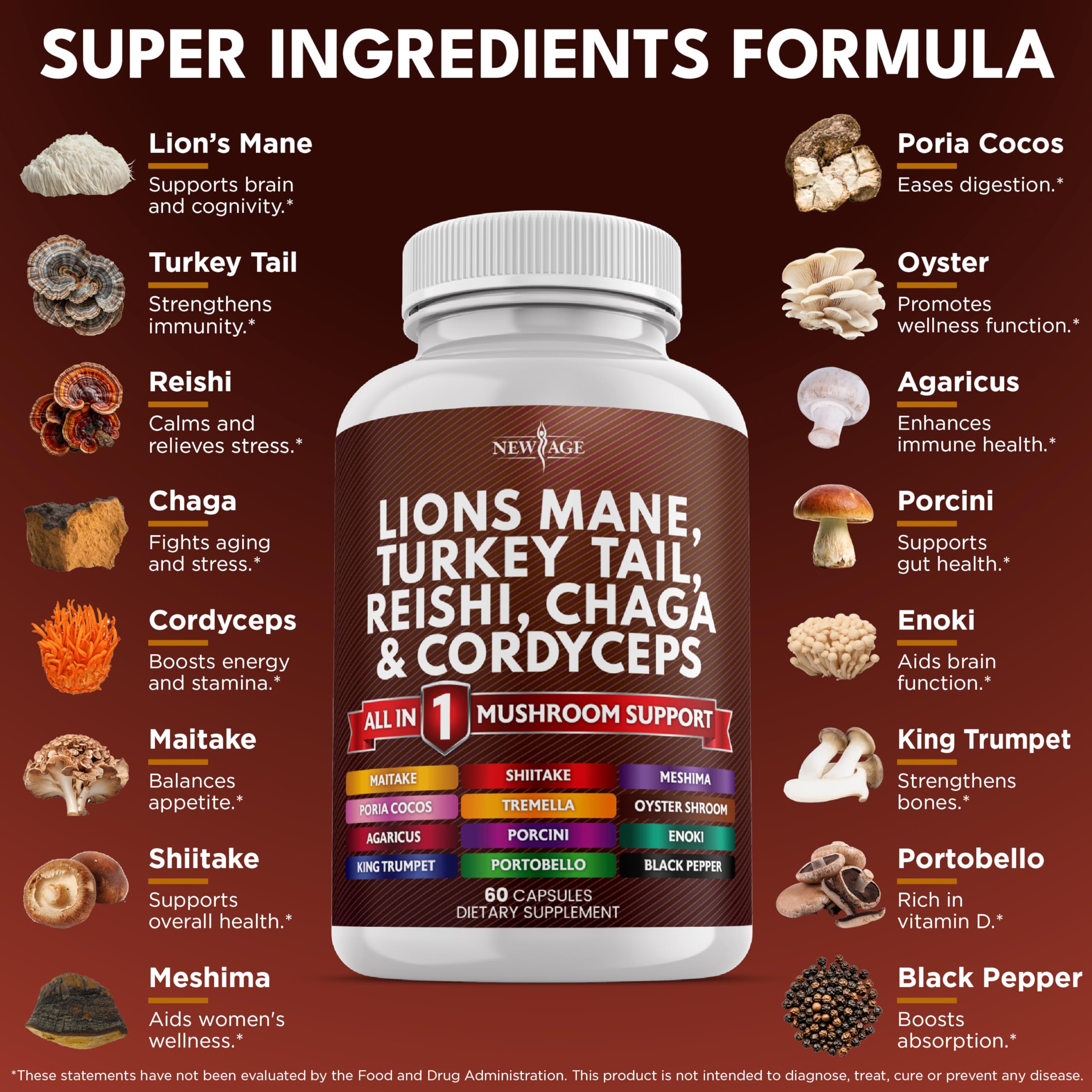 NEW AGE Lions Mane Mushroom Supplement with Turkey Tail Reishi Cordyceps Chaga with Marshmallow Root - 120 Count