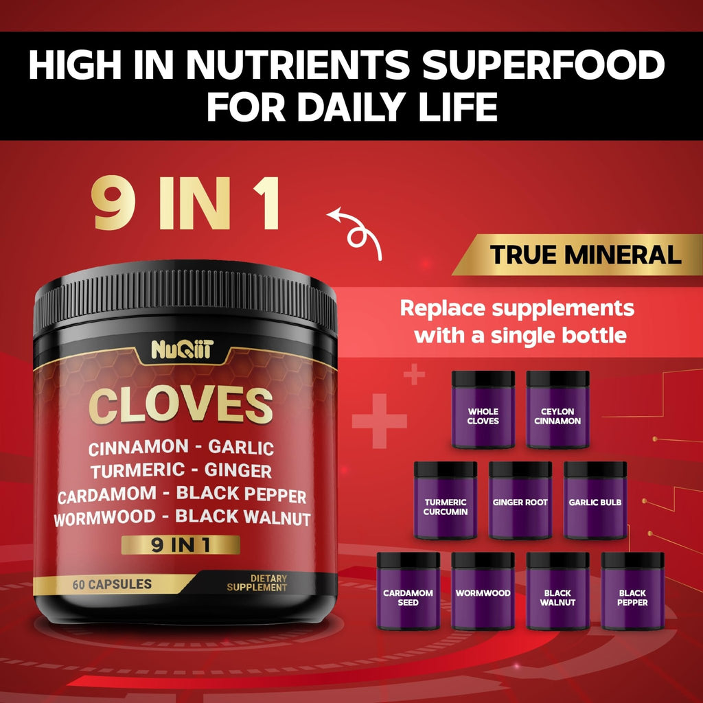 9in1 Clove Supplement Rich in Vitamins & Minerals for Digestive, Immune System, Bone & Heart Health with Cinnamon, Turmeric, Ginger, Cardamom, Garlic, Wormwood, Black Walnut - 60 Capsules - 30 Days - TrustMedUSA