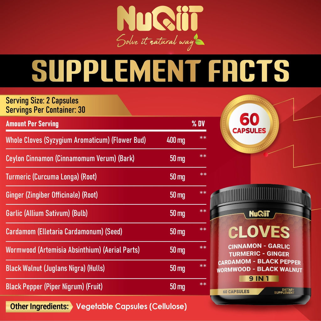 9in1 Clove Supplement Rich in Vitamins & Minerals for Digestive, Immune System, Bone & Heart Health with Cinnamon, Turmeric, Ginger, Cardamom, Garlic, Wormwood, Black Walnut - 60 Capsules - 30 Days - TrustMedUSA