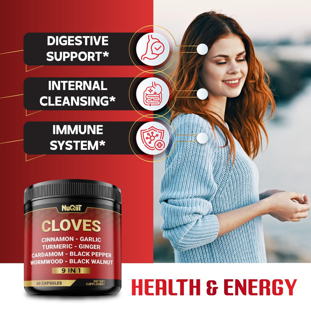 9in1 Clove Supplement Rich in Vitamins & Minerals for Digestive, Immune System, Bone & Heart Health with Cinnamon, Turmeric, Ginger, Cardamom, Garlic, Wormwood, Black Walnut - 60 Capsules - 30 Days - TrustMedUSA