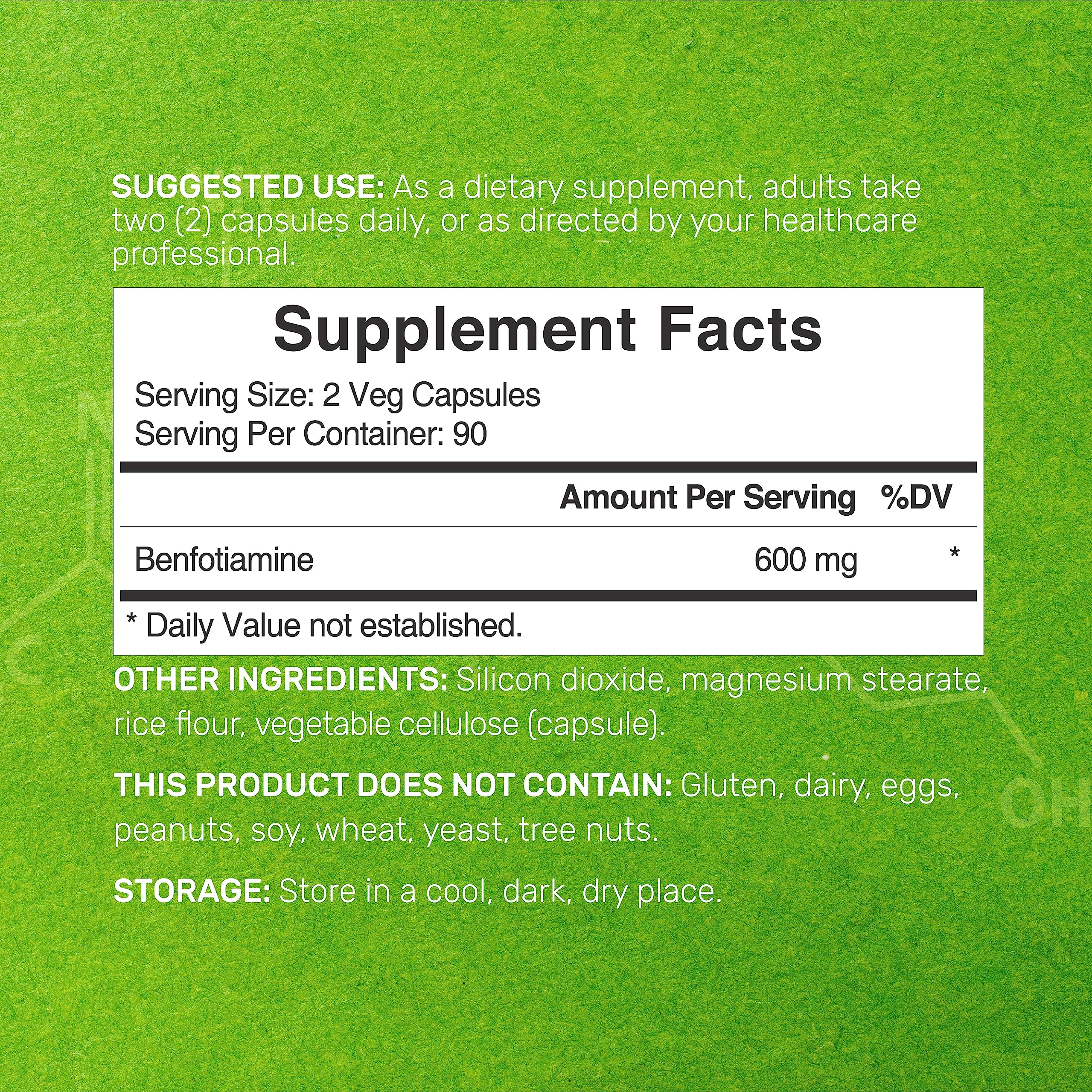 Benfotiamine 600mg Per Serving, 180 Veggie Capsules (300mg Per Cap) – Fat Soluble Vitamin B1 Thiamine Supplement