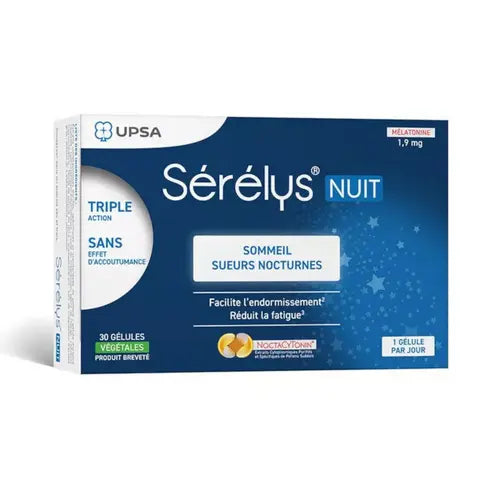Serelys Nuit 30 capsules: Sleep disorders and night sweats linked to menopause UPSA Au supplements