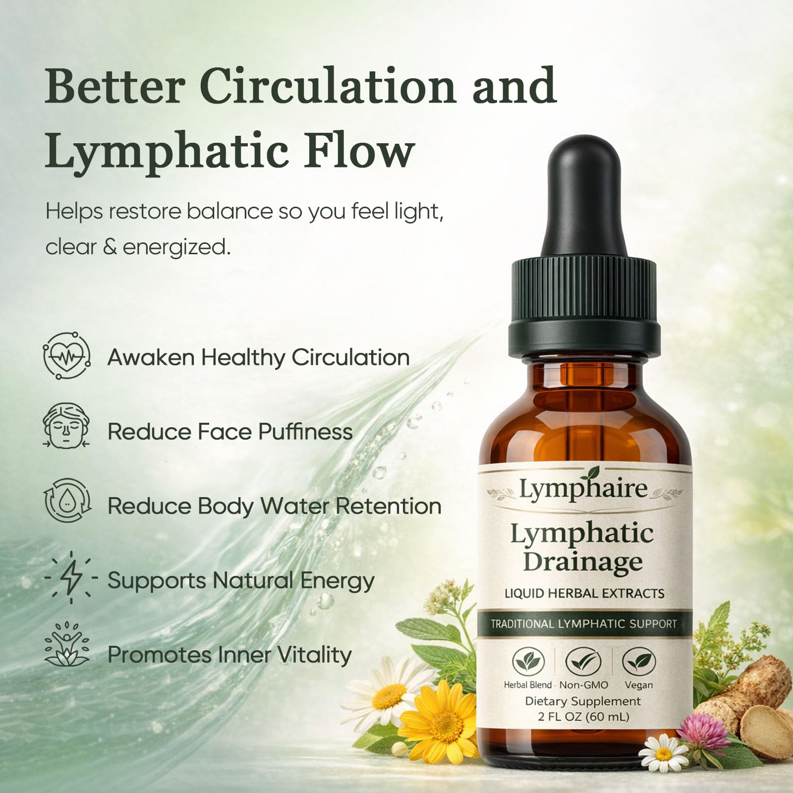 Aacnre Lymphaire Lymphatic Drainage Drops, Herbal Fluid Balance Support, Lymphatic System Support, Immune System & General Wellness, Vegan & Non-GMO, 2 Fl Oz (1) - Maple Wellness Supplements