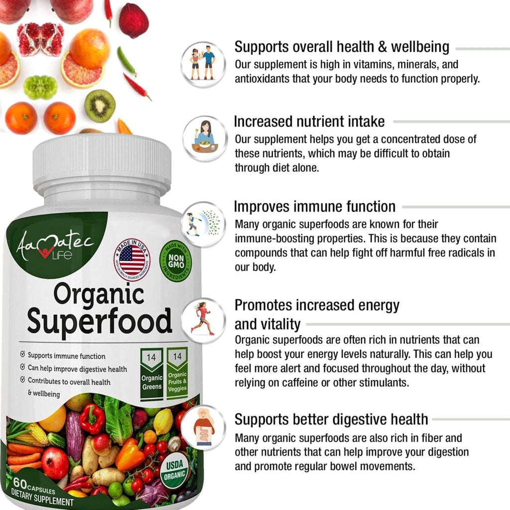 AAMATEC LIFE Organic Superfood Greens Fruits and Veggies Complex - Dietary Supplement with 14 Greens &14 Vegetables with Alfalfa Rich in Antioxidants Organic Ingredients Non-GMO (120 Count Pack of 2) - TrustMedUSA