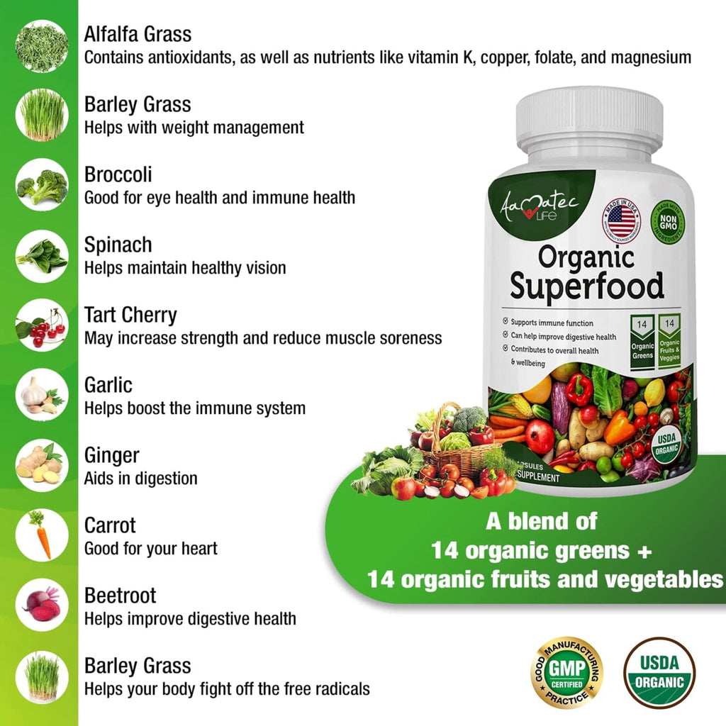 AAMATEC LIFE Organic Superfood Greens Fruits and Veggies Complex - Dietary Supplement with 14 Greens &14 Vegetables with Alfalfa Rich in Antioxidants Organic Ingredients Non-GMO (120 Count Pack of 2) - TrustMedUSA