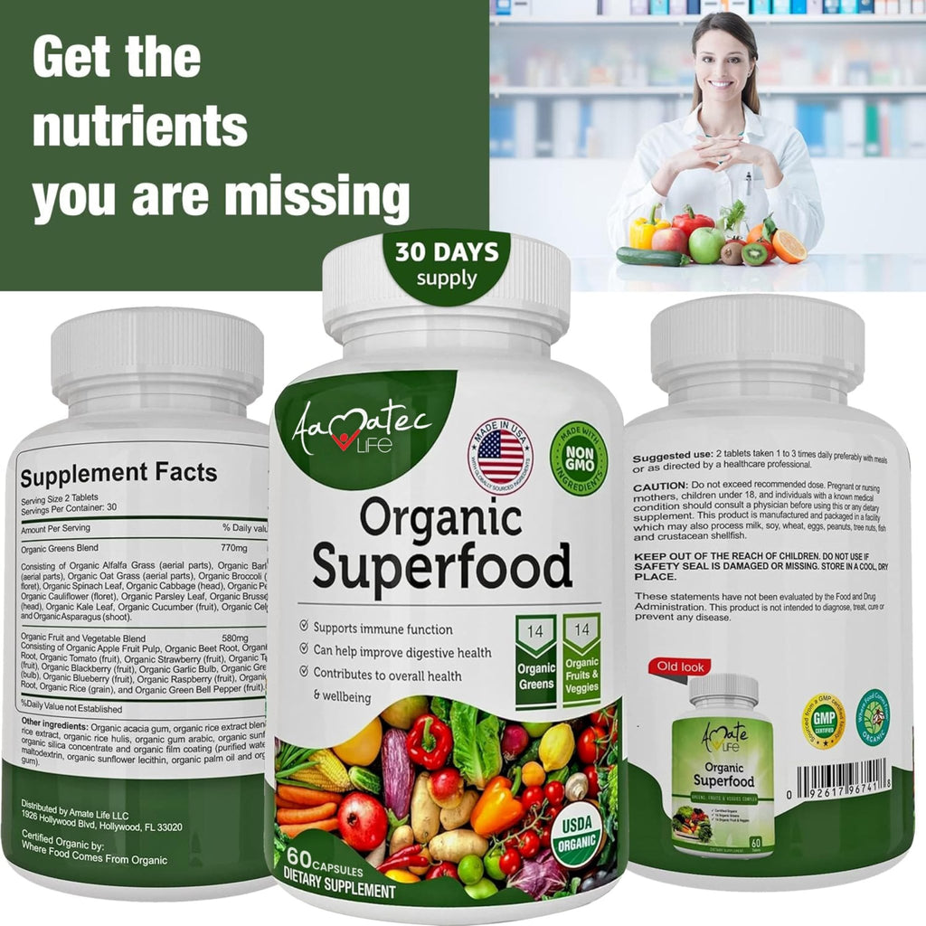 AAMATEC LIFE Organic Superfood Greens Fruits and Veggies Complex - Dietary Supplement with 14 Greens &14 Vegetables with Alfalfa Rich in Antioxidants Organic Ingredients Non-GMO (120 Count Pack of 2) - TrustMedUSA