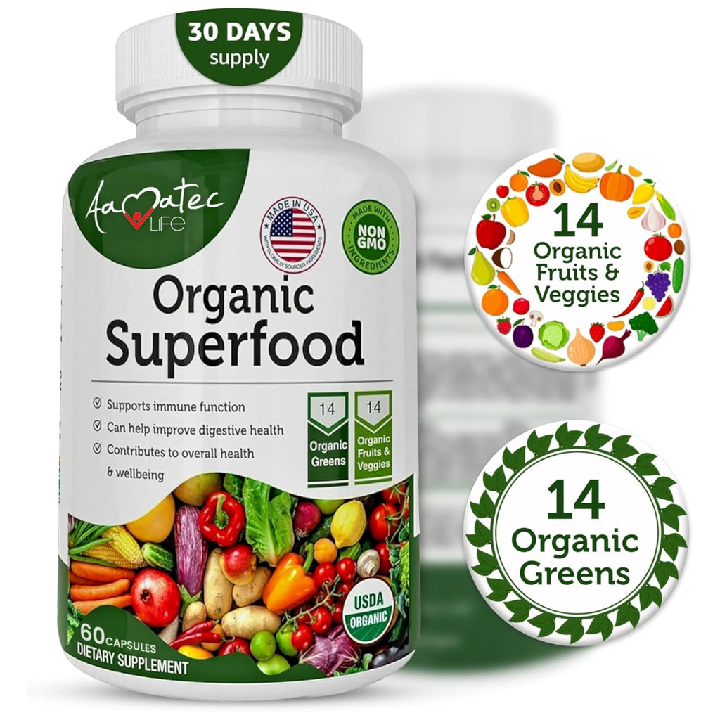 AAMATEC LIFE Organic Superfood Greens Fruits and Veggies Complex - Dietary Supplement with 14 Greens &14 Vegetables with Alfalfa Rich in Antioxidants Organic Ingredients Non-GMO (120 Count Pack of 2) - TrustMedUSA
