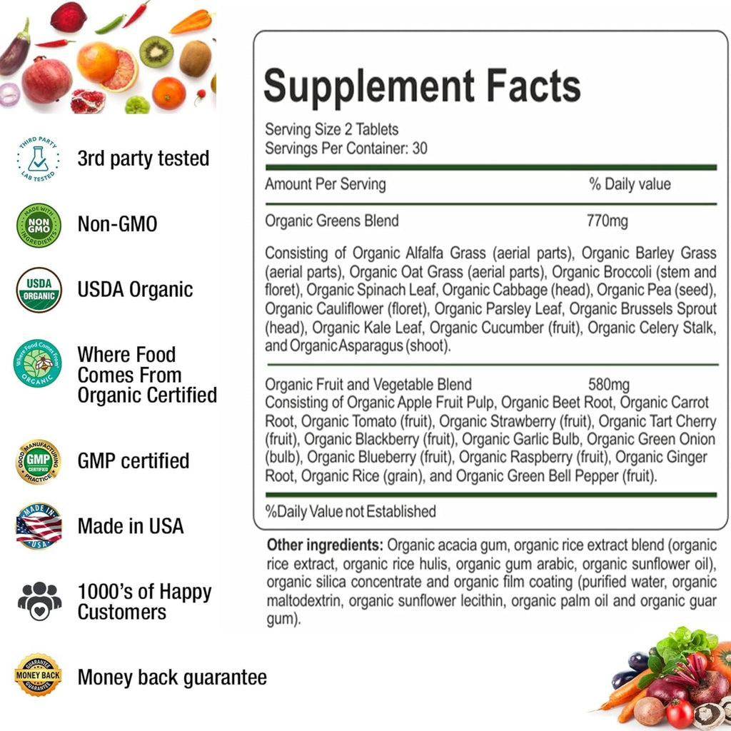AAMATEC LIFE Organic Superfood Greens Fruits and Veggies Complex - Dietary Supplement with 14 Greens &14 Vegetables with Alfalfa Rich in Antioxidants Organic Ingredients Non-GMO (120 Count Pack of 2) - TrustMedUSA