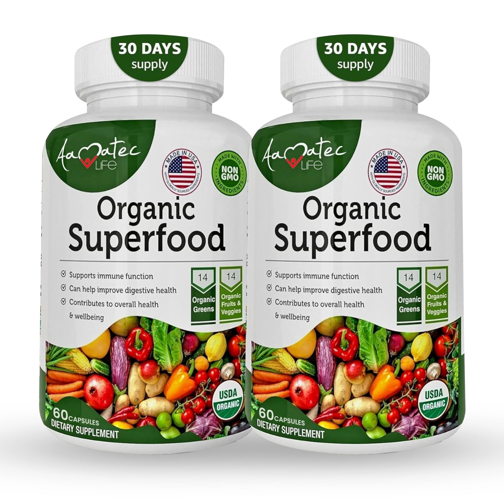 AAMATEC LIFE Organic Superfood Greens Fruits and Veggies Complex - Dietary Supplement with 14 Greens &14 Vegetables with Alfalfa Rich in Antioxidants Organic Ingredients Non-GMO (120 Count Pack of 2) - TrustMedUSA