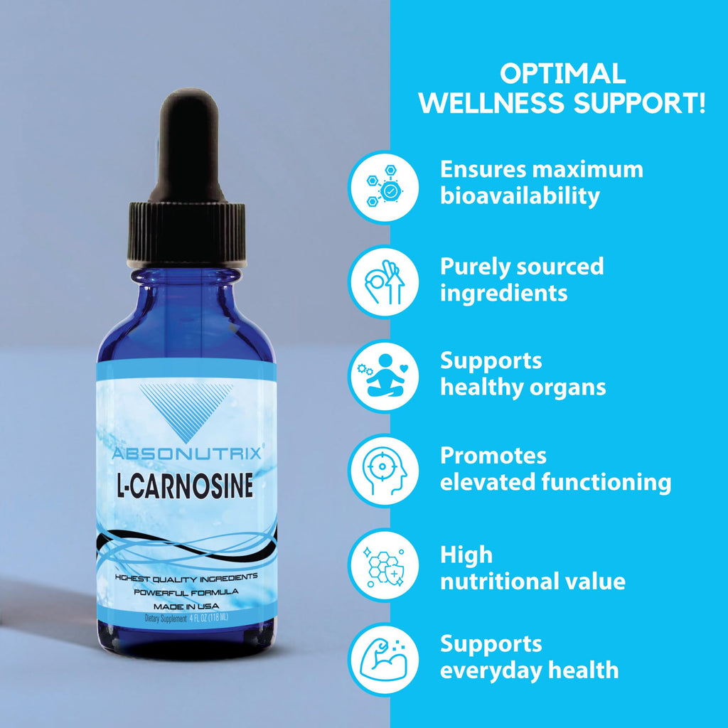 Absonutrix L-Carnosine - 583 mg 4 Oz Bottle, 200 Highly Potent Servings, Easy-to-Consume Drops, High Bioavailability, Third-Party Tested, GMP-Certified, Non-GMO, Cruelty-Free Products, Made in USA - TrustMedUSA