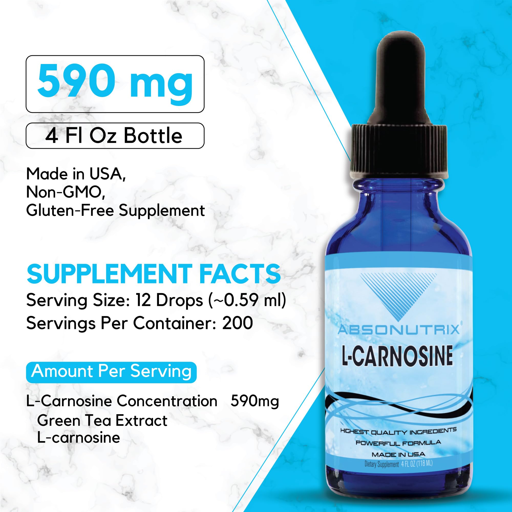 Absonutrix L-Carnosine - 583 mg 4 Oz Bottle, 200 Highly Potent Servings, Easy-to-Consume Drops, High Bioavailability, Third-Party Tested, GMP-Certified, Non-GMO, Cruelty-Free Products, Made in USA - TrustMedUSA