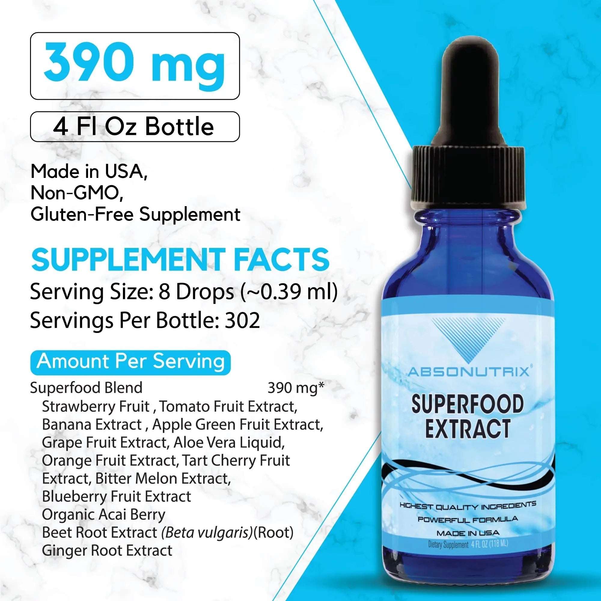 Absonutrix Superfood Extract 390 mg, 4 Oz Liquid, 302 Servings, Made in USA, Quick Absorption, Quality Potent Ingredients, Non-GMO, GMP Certified, Cruelty-Free Products - TrustMedUSA