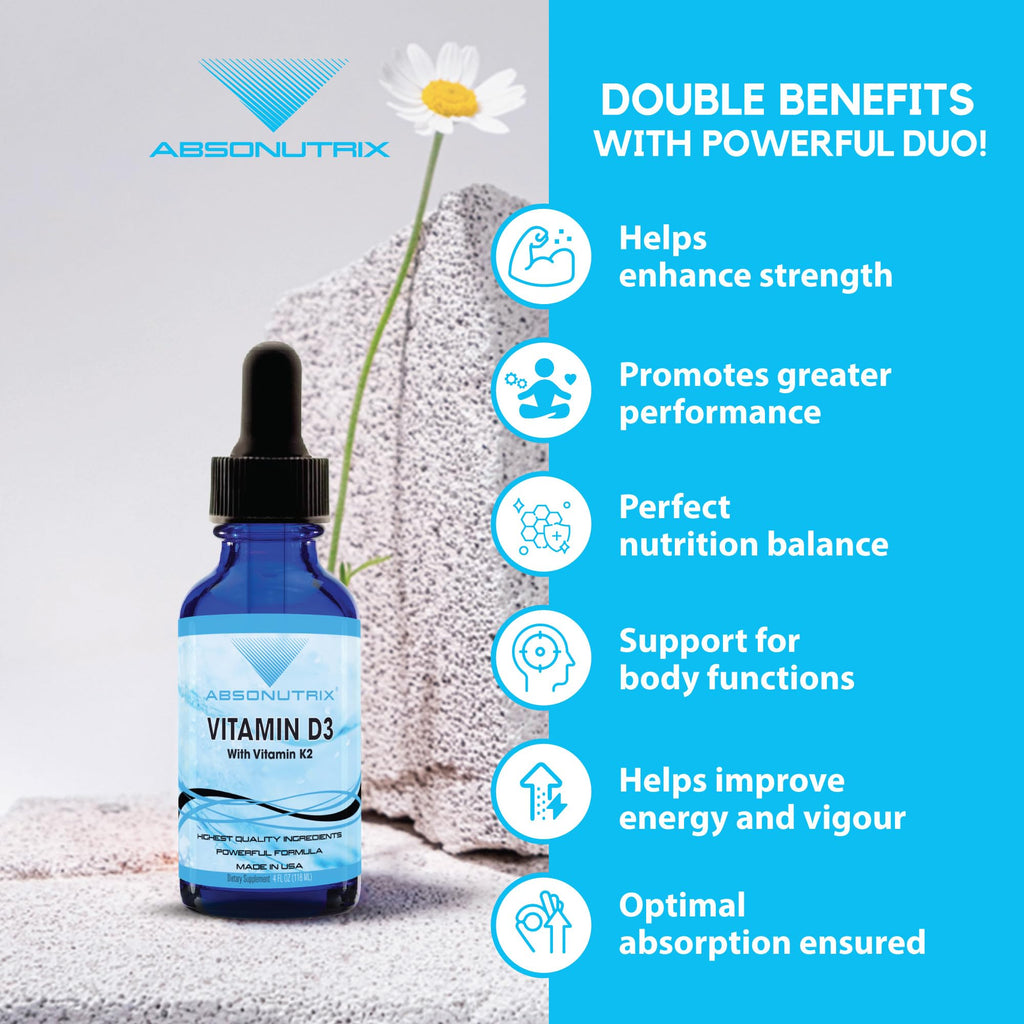 Absonutrix Vitamin D3 K2 Drops, 390mg, 4 Oz Liquid, 302 Servings, Made in USA, Quick Absorption, Quality Potent Ingredients, Non-GMO, GMP Certified, Cruelty-Free Products, Bone Strength Supplements - TrustMedUSA