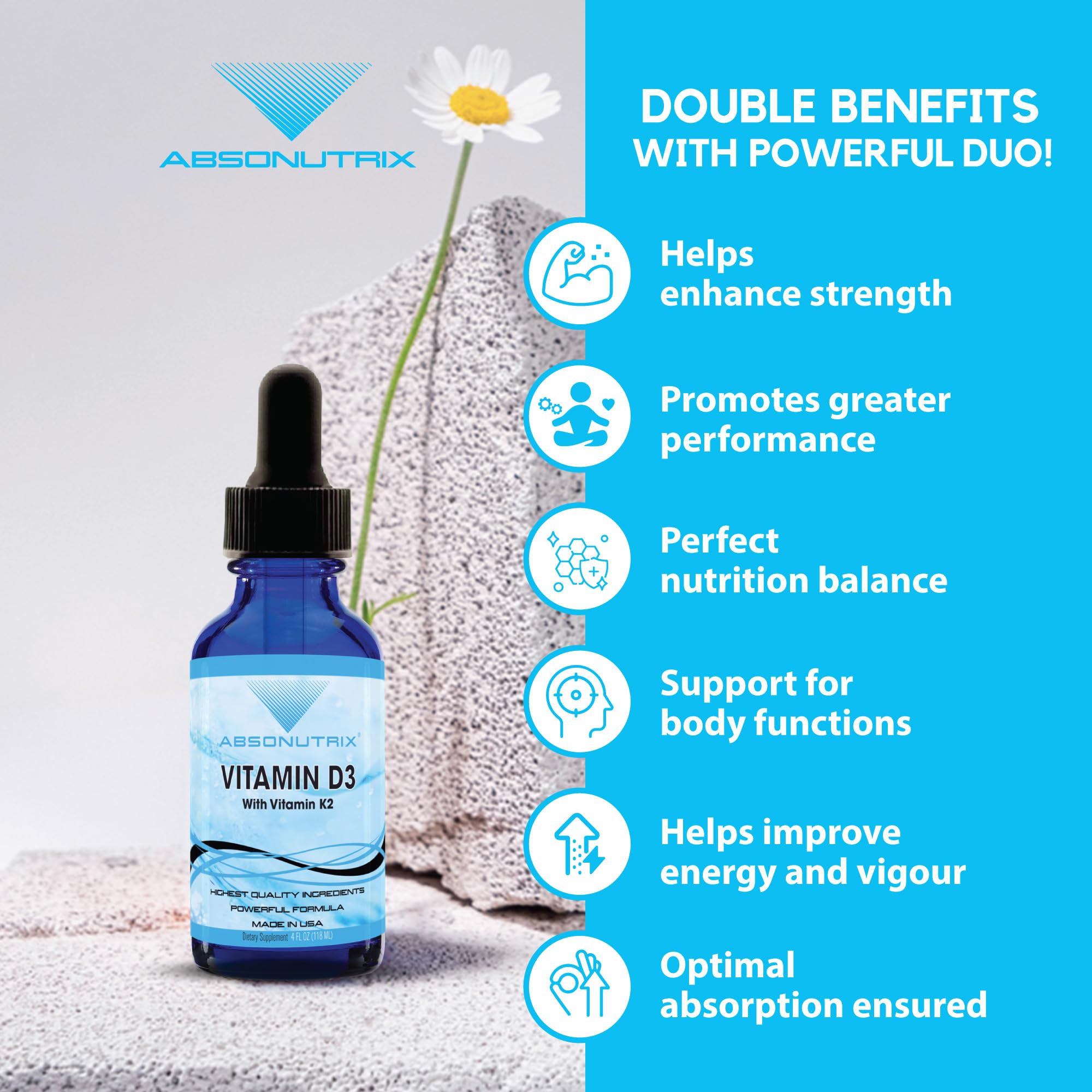 Absonutrix Vitamin D3 K2 Drops, 390mg, 4 Oz Liquid, 302 Servings, Made in USA, Quick Absorption, Quality Potent Ingredients, Non-GMO, GMP Certified, Cruelty-Free Products, Bone Strength Supplements - TrustMedUSA