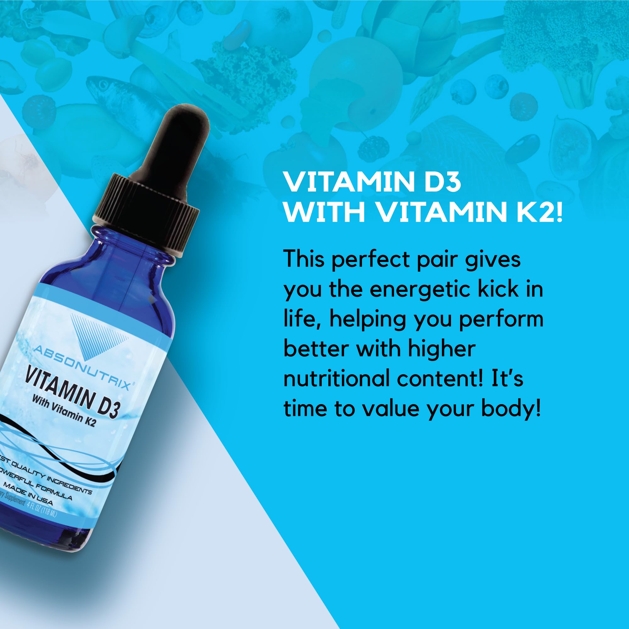 Absonutrix Vitamin D3 K2 Drops, 390mg, 4 Oz Liquid, 302 Servings, Made in USA, Quick Absorption, Quality Potent Ingredients, Non-GMO, GMP Certified, Cruelty-Free Products, Bone Strength Supplements - TrustMedUSA