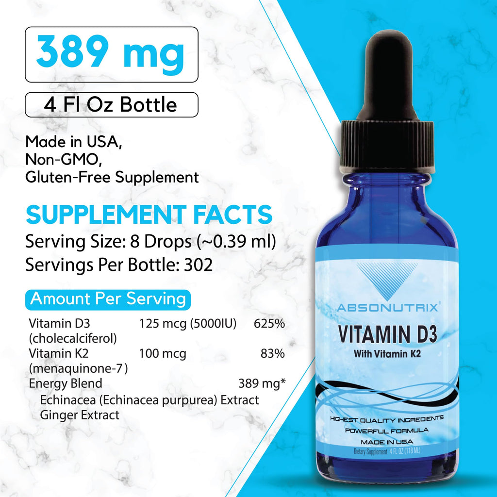 Absonutrix Vitamin D3 K2 Drops, 390mg, 4 Oz Liquid, 302 Servings, Made in USA, Quick Absorption, Quality Potent Ingredients, Non-GMO, GMP Certified, Cruelty-Free Products, Bone Strength Supplements - TrustMedUSA