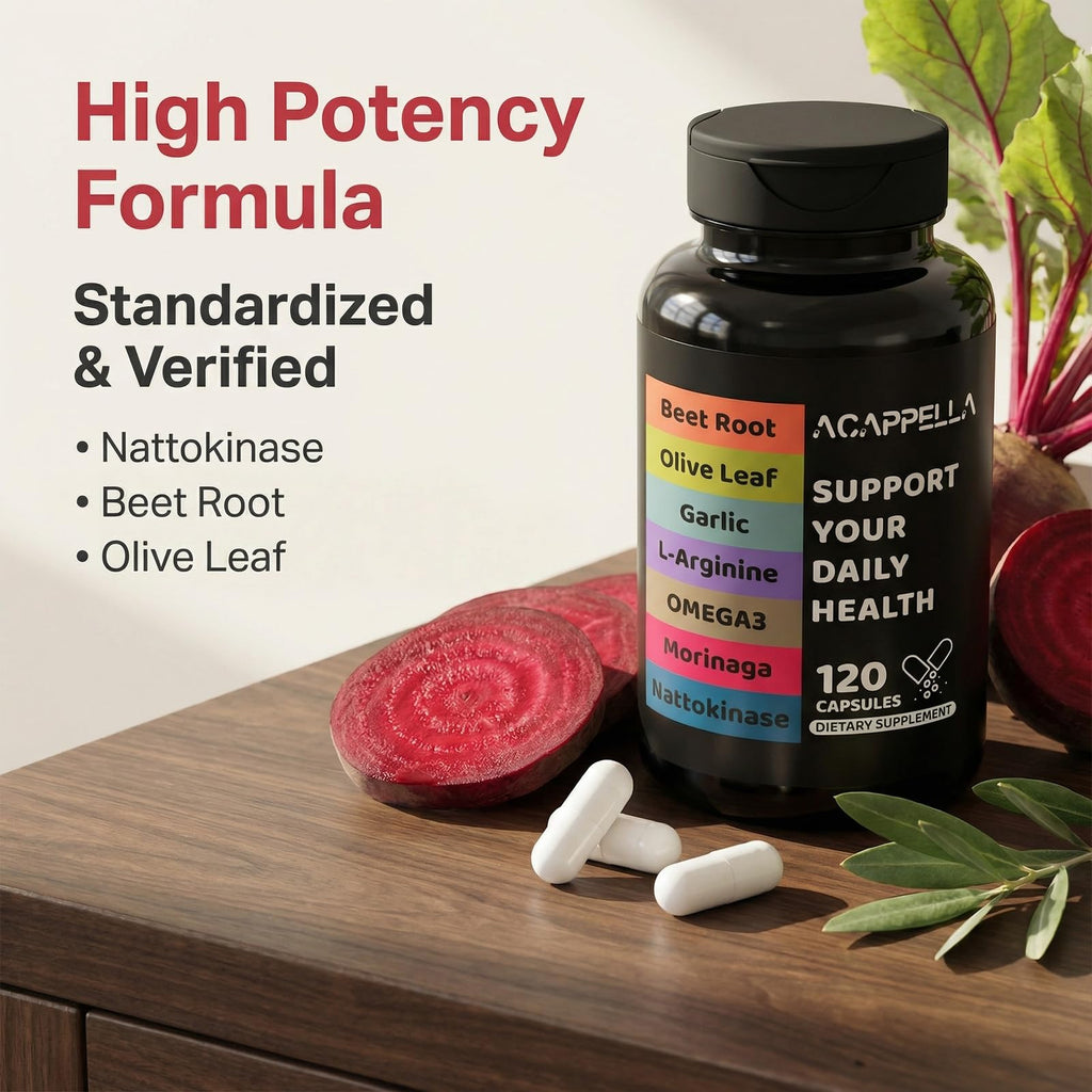 ACAPPELLA Moringa Capsules with Beet Root Capsule Olive Leaf Garlic L-Arginine Omega 3 Nattokinase Supplement - 120 Count - TrustMedUSA