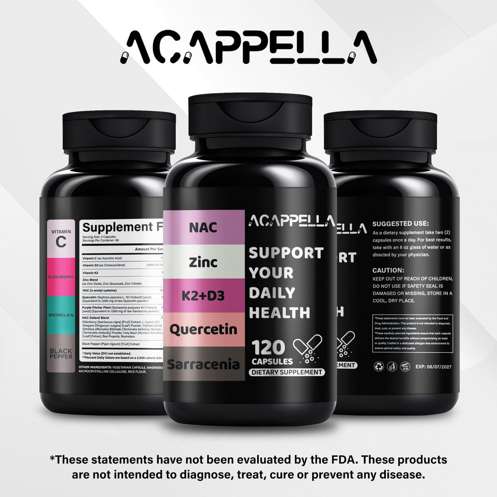 ACAPPELLA N-Acetyl Cysteine Vitamin D3 K2 Zinc Quercetin Sarracenia Purpurea NAC Supplement with Elderberry Holy Basil Bee Propolis Bromelain L-Lysin for Men & Women (1) - TrustMedUSA