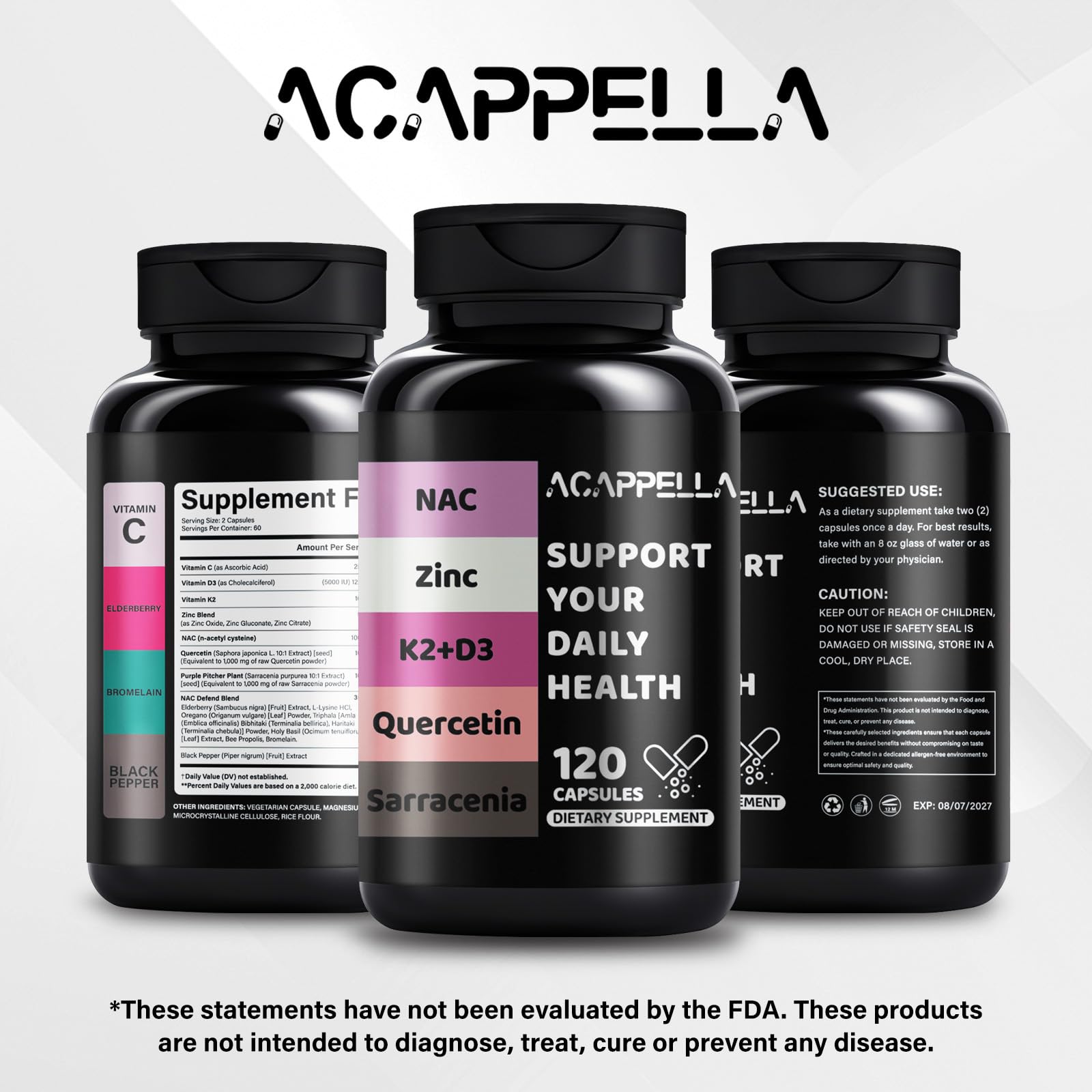 ACAPPELLA N-Acetyl Cysteine Vitamin D3 K2 Zinc Quercetin Sarracenia Purpurea NAC Supplement with Elderberry Holy Basil Bee Propolis Bromelain L-Lysin for Men & Women (1) - TrustMedUSA