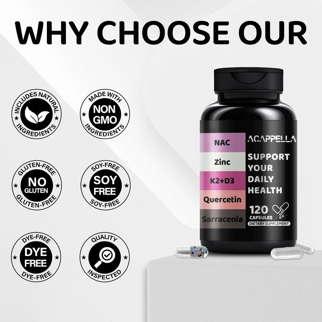 ACAPPELLA N-Acetyl Cysteine Vitamin D3 K2 Zinc Quercetin Sarracenia Purpurea NAC Supplement with Elderberry Holy Basil Bee Propolis Bromelain L-Lysin for Men & Women (1) - TrustMedUSA