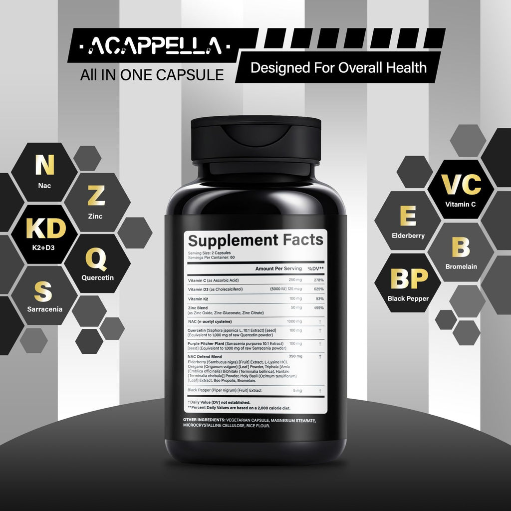 ACAPPELLA N-Acetyl Cysteine Vitamin D3 K2 Zinc Quercetin Sarracenia Purpurea NAC Supplement with Elderberry Holy Basil Bee Propolis Bromelain L-Lysin for Men & Women (1) - TrustMedUSA