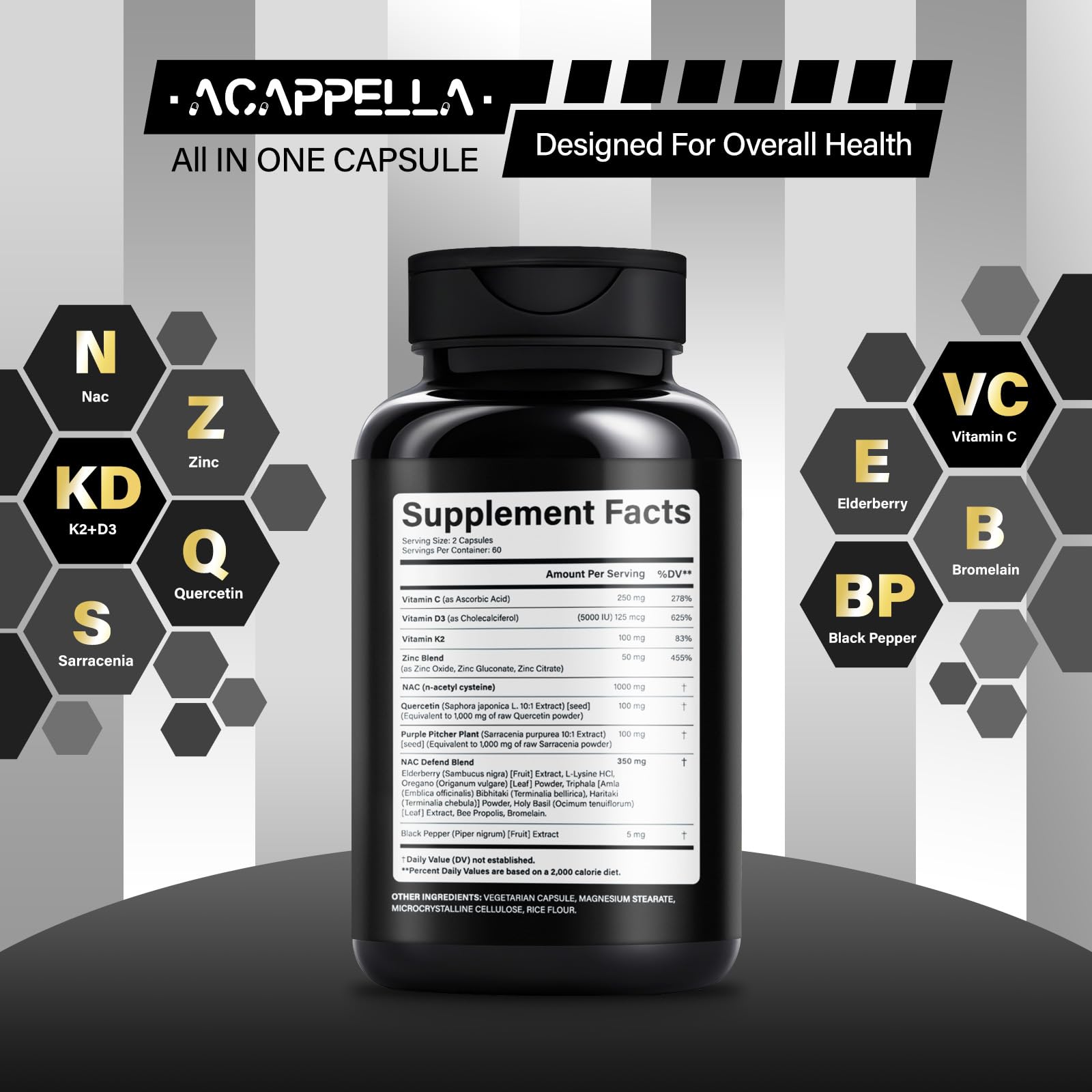 ACAPPELLA N-Acetyl Cysteine Vitamin D3 K2 Zinc Quercetin Sarracenia Purpurea NAC Supplement with Elderberry Holy Basil Bee Propolis Bromelain L-Lysin for Men & Women (1) - TrustMedUSA