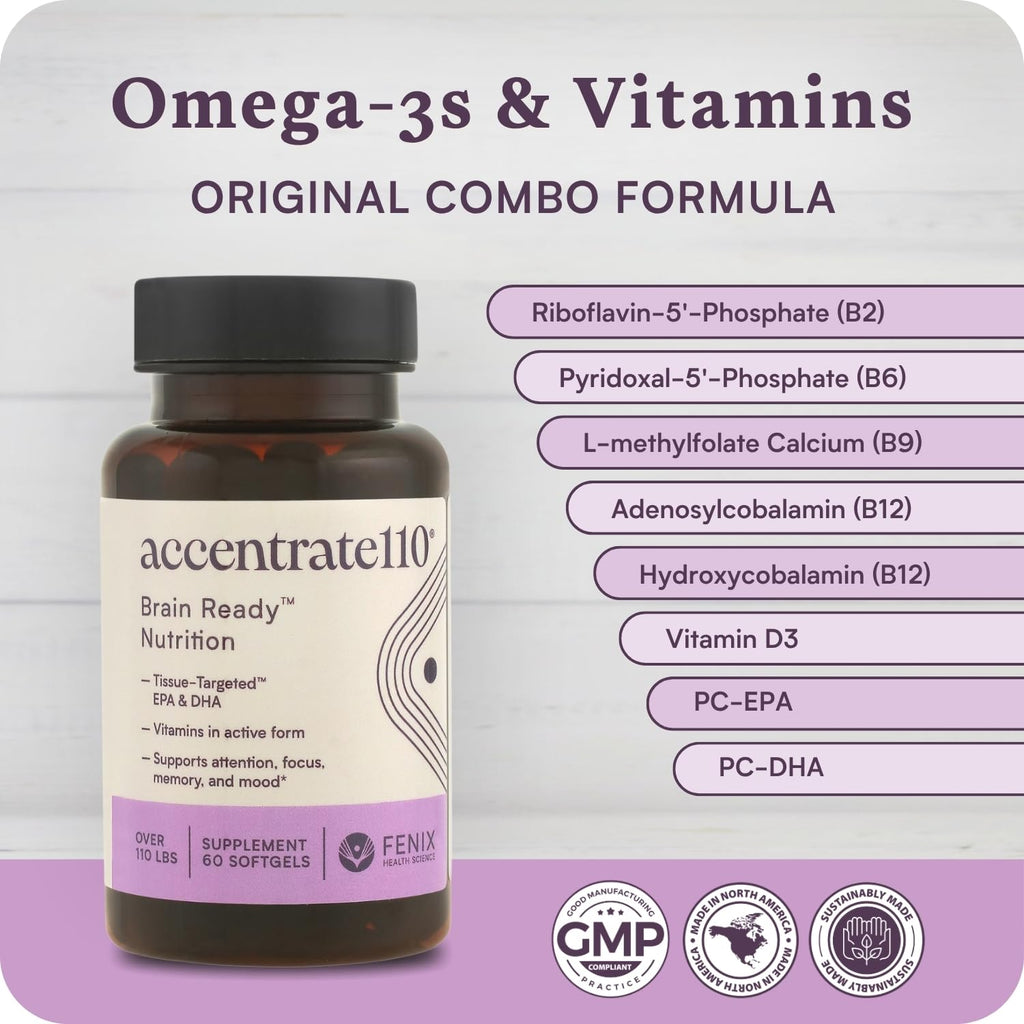 Accentrate110 - Focus Supplement - Methylated Vitamin B Complex with Omega 3 Fatty Acid Supplement - L-Methylfolate, Vitamin B12, P-5-P, Riboflavin, VIT D, – 60 Softgels (1 Month Supply) - TrustMedUSA