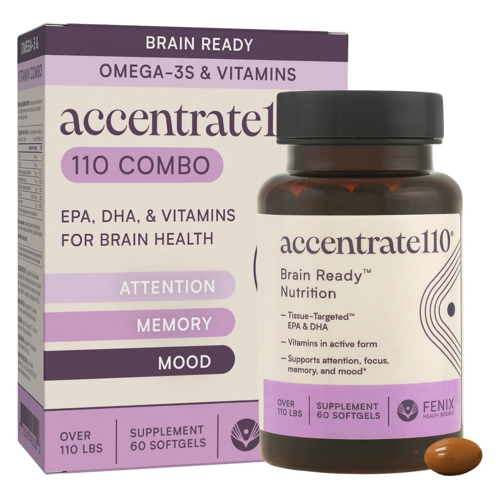 Accentrate110 - Focus Supplement - Methylated Vitamin B Complex with Omega 3 Fatty Acid Supplement - L-Methylfolate, Vitamin B12, P-5-P, Riboflavin, VIT D, – 60 Softgels (1 Month Supply) - TrustMedUSA