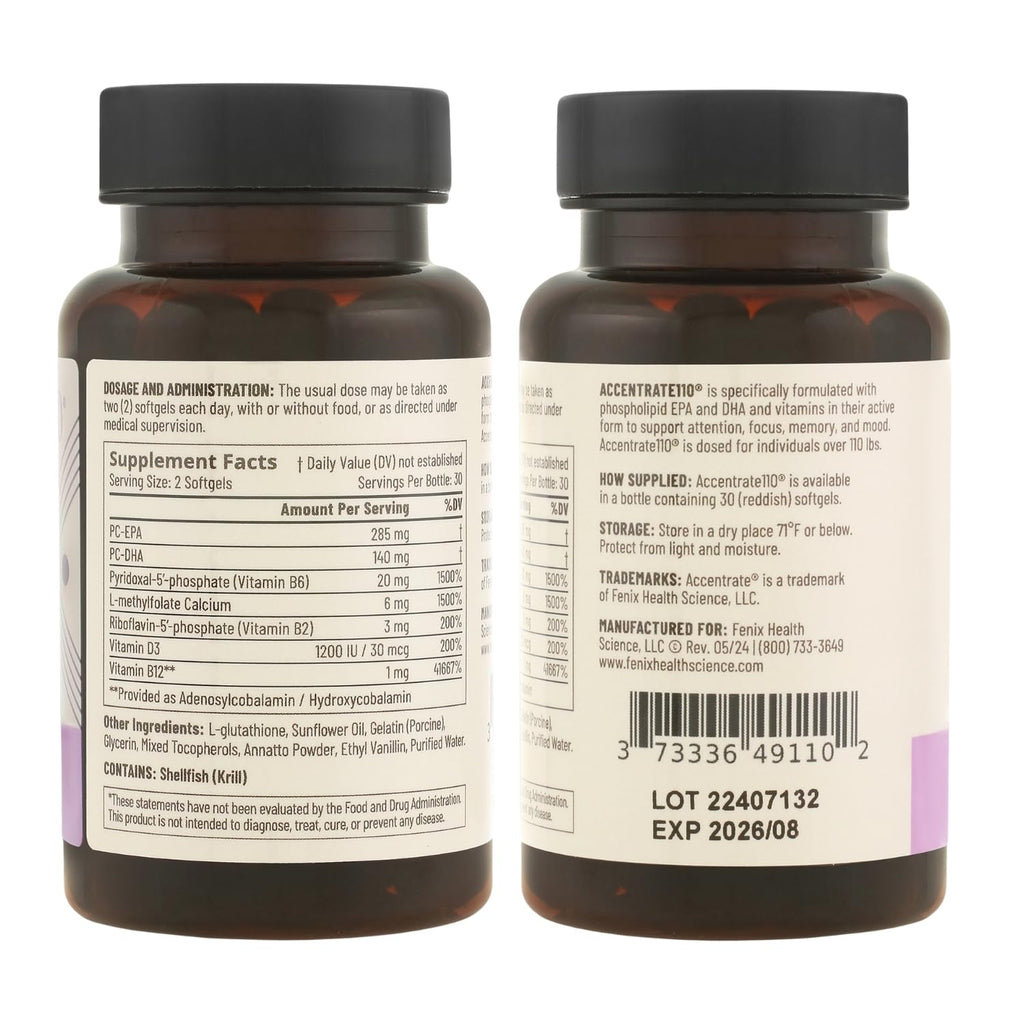Accentrate110 - Focus Supplement - Methylated Vitamin B Complex with Omega 3 Fatty Acid Supplement - L-Methylfolate, Vitamin B12, P-5-P, Riboflavin, VIT D, – 60 Softgels (1 Month Supply) - TrustMedUSA