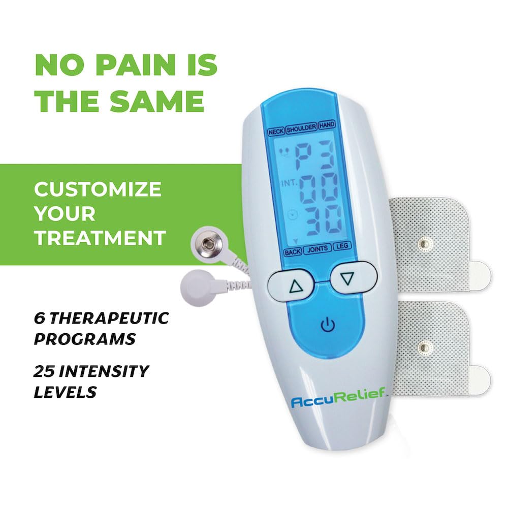 AccuRelief TENS Unit Muscle Stimulater Pain Relief System - Electric Muscle Stimulator with Electrodes for Neck, Back, and Full Body, White and Blue - TrustMedUSA
