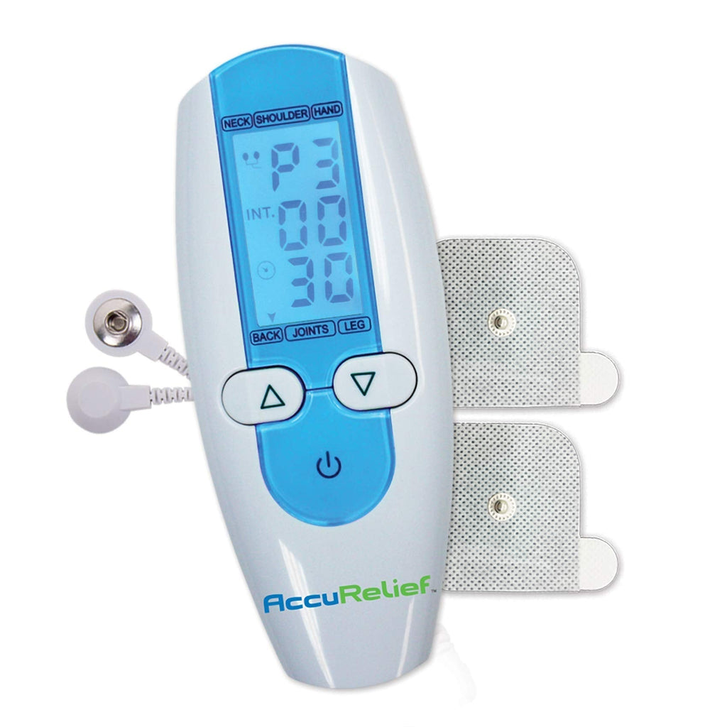 AccuRelief TENS Unit Muscle Stimulater Pain Relief System - Electric Muscle Stimulator with Electrodes for Neck, Back, and Full Body, White and Blue - TrustMedUSA