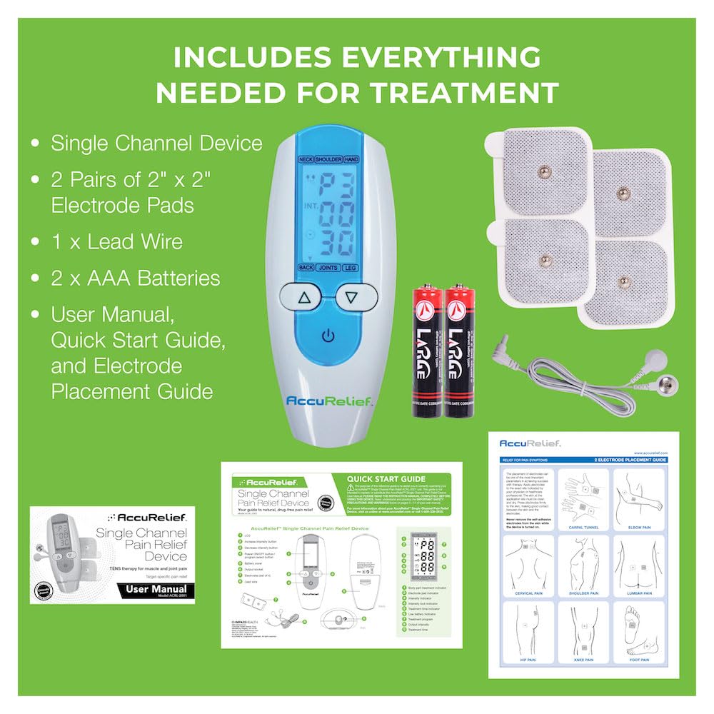 AccuRelief TENS Unit Muscle Stimulater Pain Relief System - Electric Muscle Stimulator with Electrodes for Neck, Back, and Full Body, White and Blue - TrustMedUSA