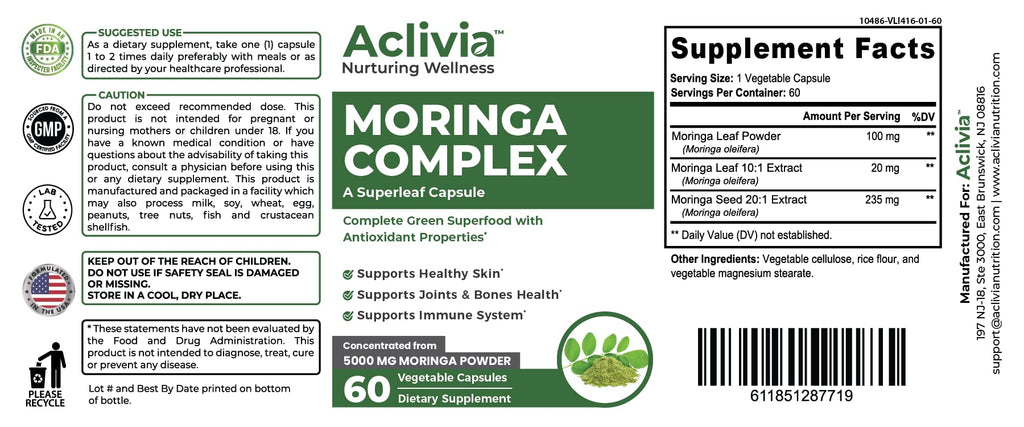 Aclivia - Moringa Complex - Maximum Strength Moringa Oleifera Leaf & Seed Supplement - Superfood Capsules with Antioxidant Properties - 5000mg - 60 Capsules - TrustMedUSA