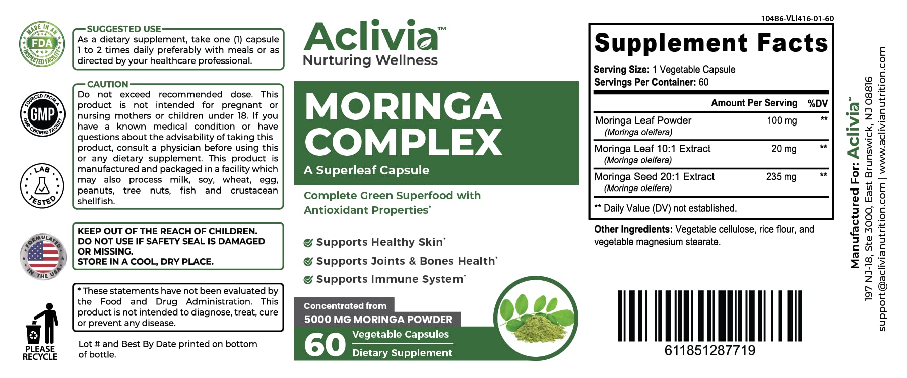 Aclivia - Moringa Complex - Maximum Strength Moringa Oleifera Leaf & Seed Supplement - Superfood Capsules with Antioxidant Properties - 5000mg - 60 Capsules - TrustMedUSA