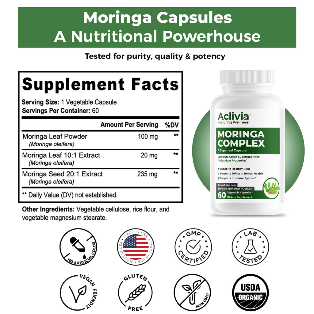 Aclivia - Moringa Complex - Maximum Strength Moringa Oleifera Leaf & Seed Supplement - Superfood Capsules with Antioxidant Properties - 5000mg - 60 Capsules - TrustMedUSA