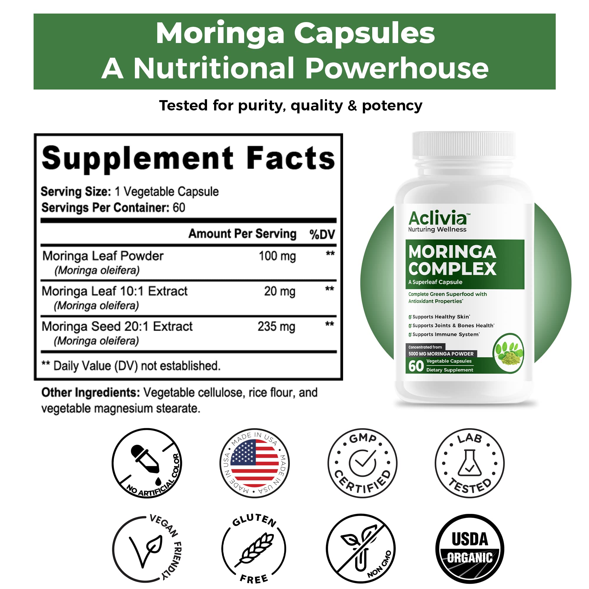 Aclivia - Moringa Complex - Maximum Strength Moringa Oleifera Leaf & Seed Supplement - Superfood Capsules with Antioxidant Properties - 5000mg - 60 Capsules - TrustMedUSA