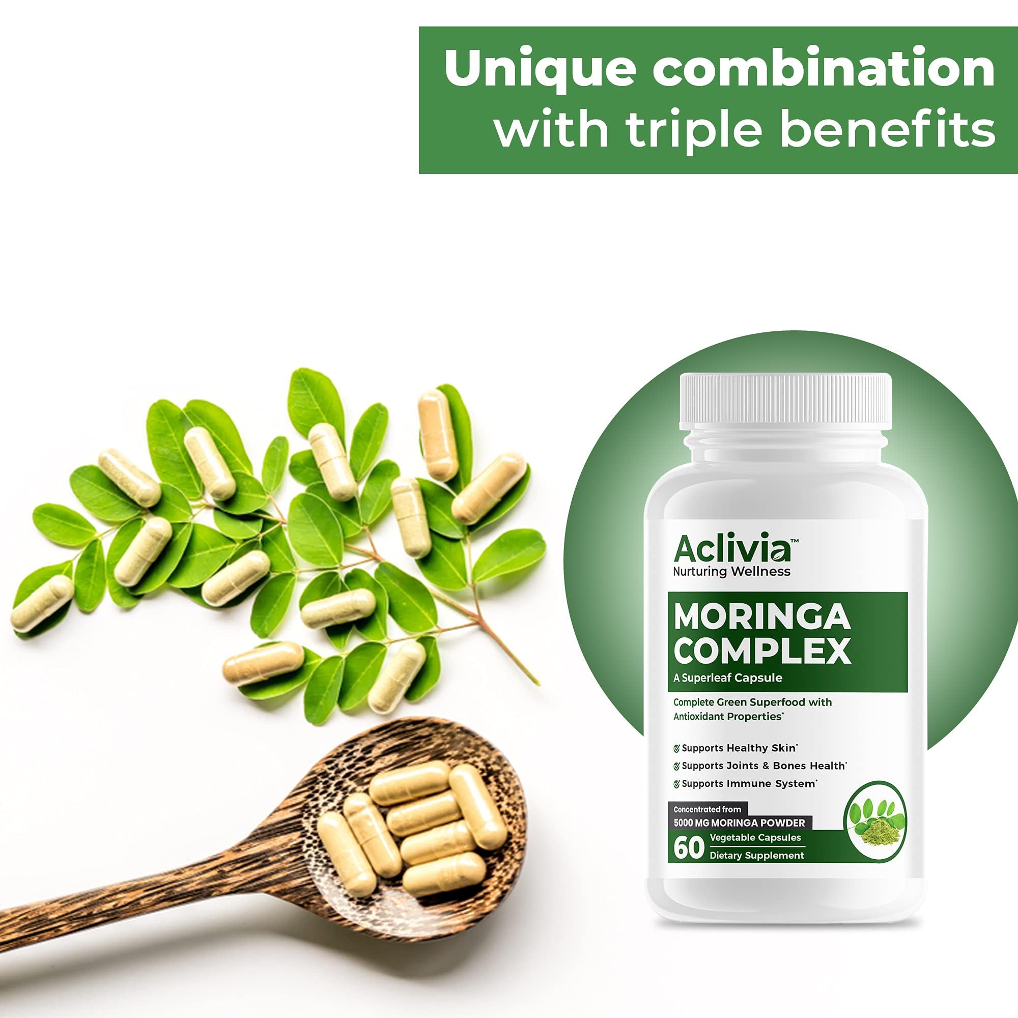 Aclivia - Moringa Complex - Maximum Strength Moringa Oleifera Leaf & Seed Supplement - Superfood Capsules with Antioxidant Properties - 5000mg - 60 Capsules - TrustMedUSA