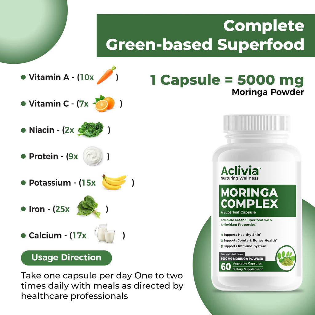 Aclivia - Moringa Complex - Maximum Strength Moringa Oleifera Leaf & Seed Supplement - Superfood Capsules with Antioxidant Properties - 5000mg - 60 Capsules - TrustMedUSA